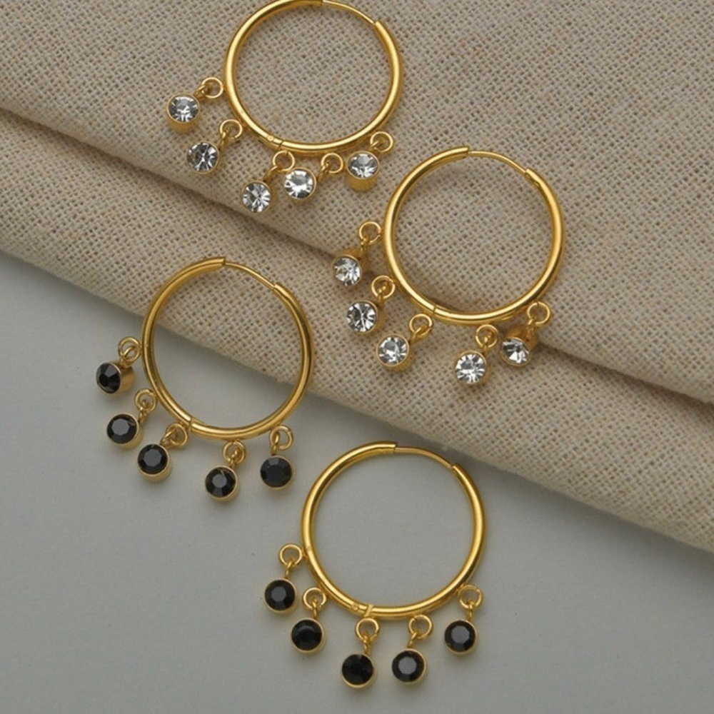 Hoop & Dangle Drop Gold Plated Diamond Earrings White or Black NEW